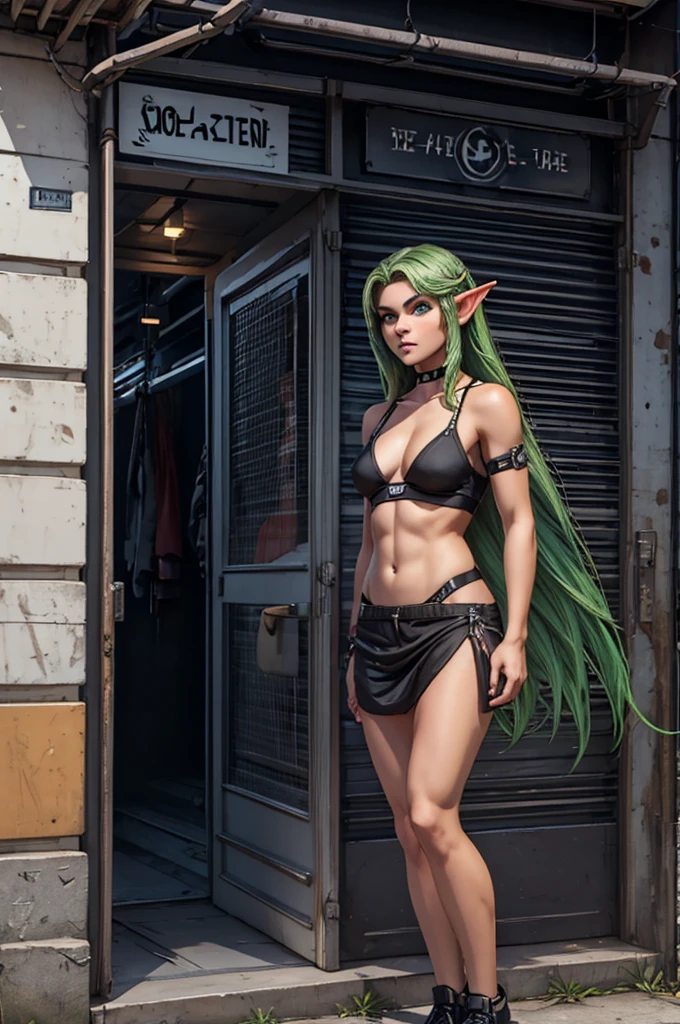 beautiful teen girl elf. with very short urban style clothes, long green hair, with a jealous face.