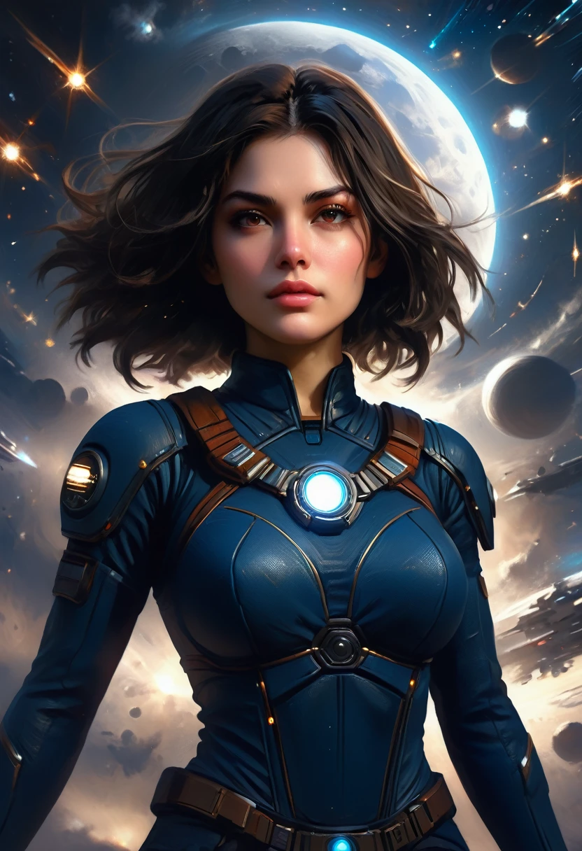 ((masterpiece, best quality)), (1woman), (solo), (female focus),(very detailed face, real image, realistic white skin, realistic body, intricate details), upper body, serious , brown eyes, looking at the viewer, black hair, medium breasts, starry night, moon, spaceships flying and shooting lasers, Background is full of the night sky battle