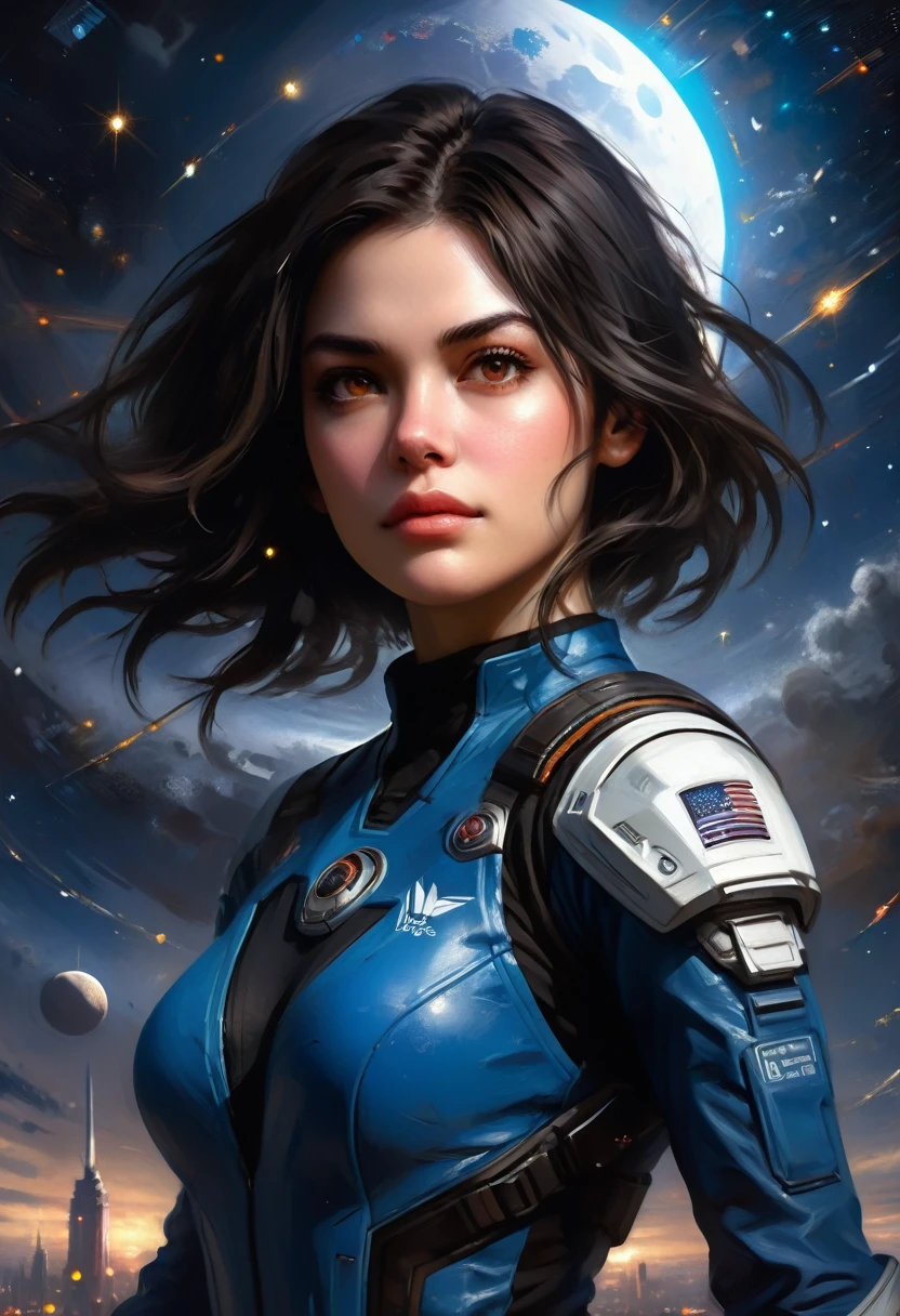 ((masterpiece, best quality)), (1woman), (solo), (female focus),(very detailed face, real image, realistic white skin, realistic body, intricate details), upper body, serious , brown eyes, looking at the viewer, black hair, medium breasts, starry night, moon, spaceships flying and shooting lasers, Background is full of the night sky battle