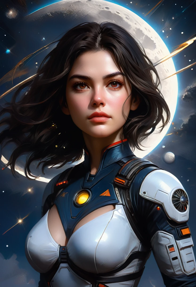 ((masterpiece, best quality)), (1woman), (solo), (female focus),(very detailed face, real image, realistic white skin, realistic body, intricate details), upper body, serious , brown eyes, looking at the viewer, black hair, medium breasts, starry night, moon, spaceships flying and shooting lasers, Background is full of the night sky battle