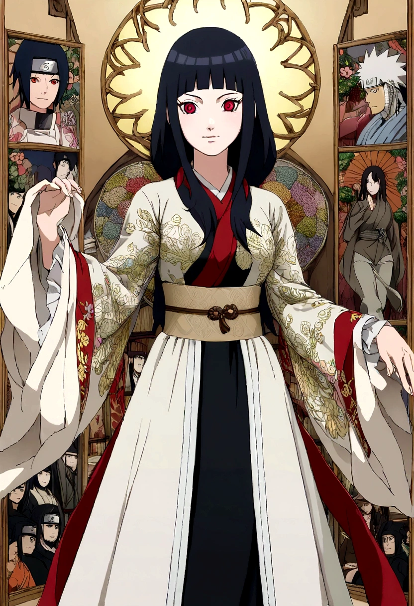 naruto screenshot. beautiful girl . Short black hair. red eyes . belongs to Konoha . long eyelashes. Complete plan