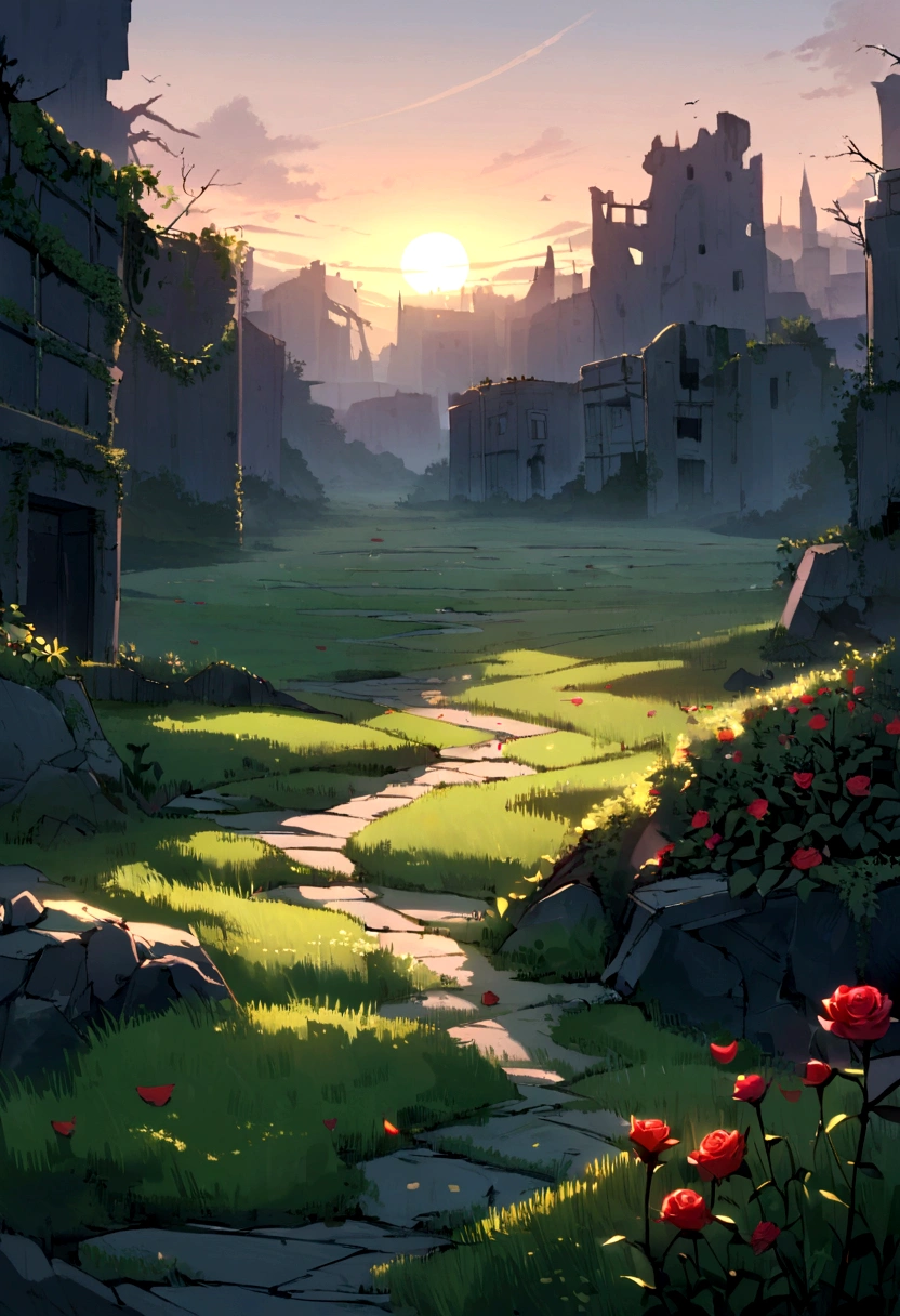 a devastating landscape, where only a rose remained alive, a small clearing stood out with its green lawn intact. ao redor, the rubble of an ancient abandoned city contrasted with the serenity and fragility of the only flower that still survived, its vibrant petals amid the desolate landscape of ruins and disorder. The setting sun cast a soft light on the scene., magnifying the lonely beauty of that lonely rose