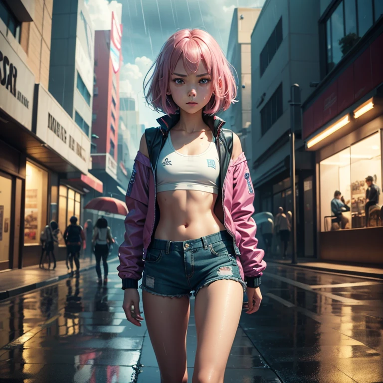 (masterpiece), (best quality), (high res) Solo, (perfect anatomy), (young girl (10 years old), fair skin, pink hair (shoulder length), green eyes, (blue high sport shoes), (jacket), (shorts), tired, (((flat chest))), in a futuristic setting with a green light, annoyed, cyberpunk, (drinking water), best anime 4k, cybersuits, walking down the streets, under the rain, wet