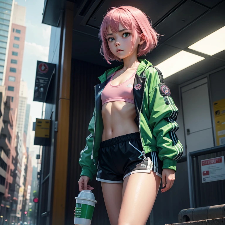 (masterpiece), (best quality), (high res) Solo, (perfect anatomy), (young girl (10 years old), fair skin, pink hair (shoulder length), green eyes, (blue high sport shoes), (jacket), (shorts), tired, (((flat chest))), in a futuristic setting with a green light, annoyed, cyberpunk, (drinking water), best anime 4k, cybersuits, walking down the streets, under the rain, wet