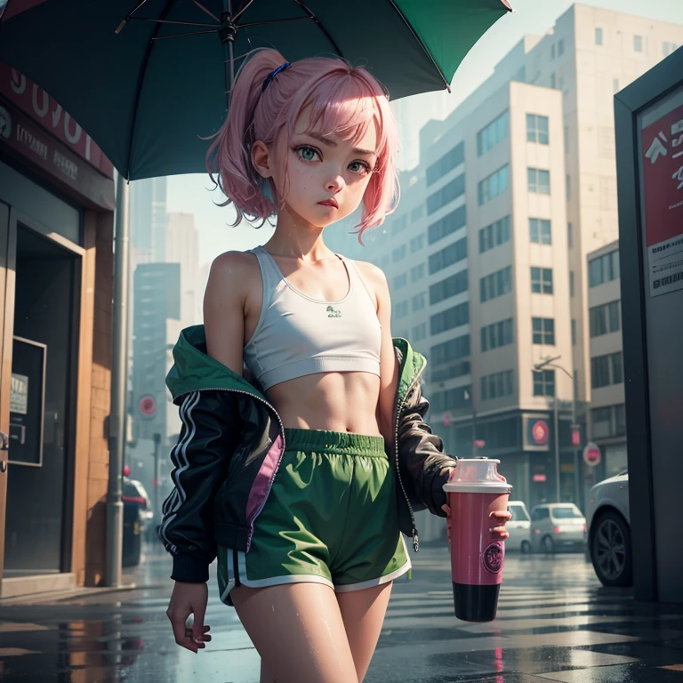 (masterpiece), (best quality), (high res) Solo, (perfect anatomy), (young girl (), fair skin, pink hair (shoulder length), green eyes, (blue high sport shoes), (jacket), (shorts), tired, (((flat chest))), in a futuristic setting with a green light, cyberpunk, (drinking water), best anime 4k, cybersuits, walking down the streets, under the rain
