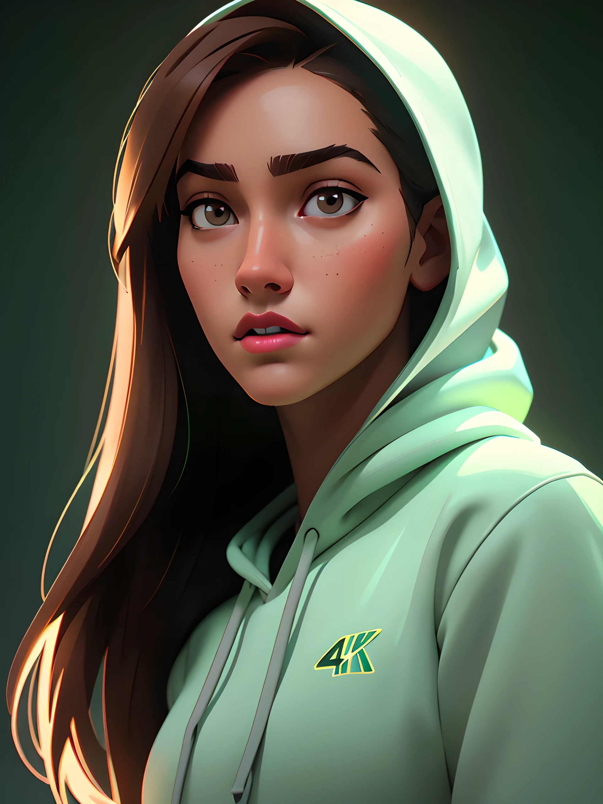 a beautiful girl with soft long brown hair, gray eyes, sharp features, white skin, green neon lips, wearing a hoodie, “calm good vibes” expression, (best quality,4k,8k,highres,masterpiece:1.2),ultra-detailed,(realistic,photorealistic,photo-realistic:1.37),portraits,cinematic lighting,warm color tones