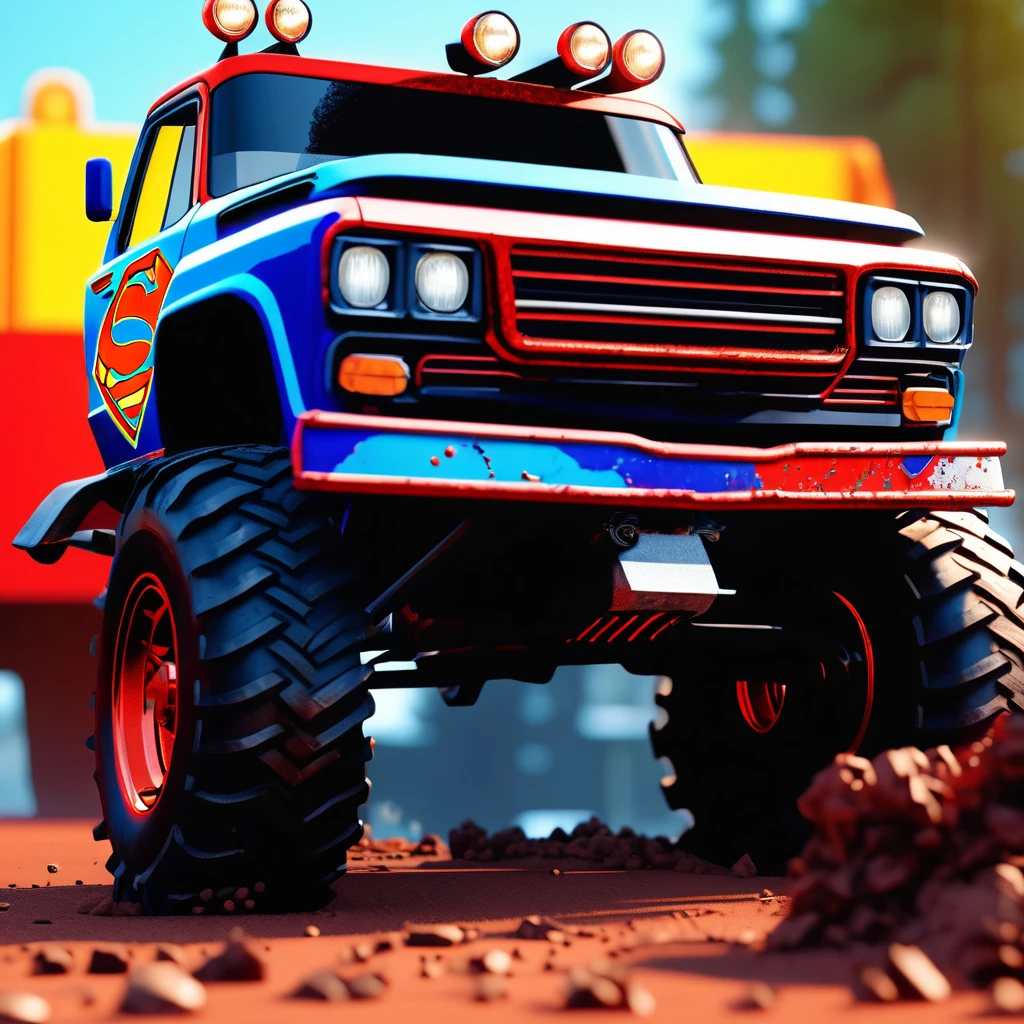 ((best quality)), ((masterpiece)), ((realistic,digital art)), (hyper detailed),Bloodstainedai Large Tow Truck,  Stained Glass,  Step Bars, Mesh Grille, Steel, Polished,  , octane rendering, raytracing, volumetric lighting, Backlit,Rim Lighting, 8K, HDR  superman  mud  OFFROAD  car cartoon