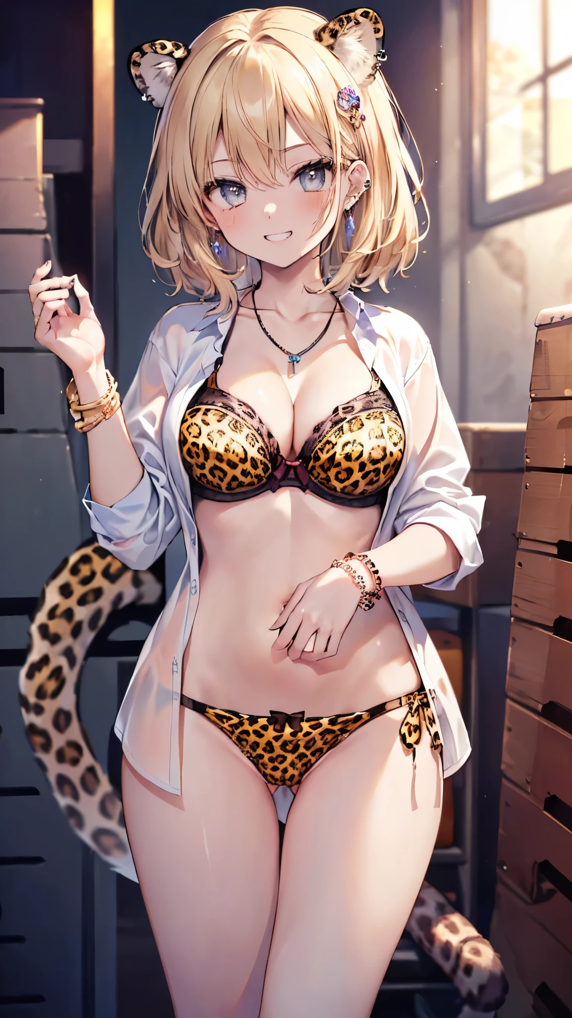 ((masterpiece、Highest quality、Very detailed))、One Girl、gyaru、Blonde、Long Hair、Grey Eyes、evil smile、((Grin))、lip、((lots of piercingoderate breasts、cleavage、((White shirt))、((open clothes))、、necklace、((leopard pattern bra))、bracelet、Cowboy Shot、((leopard pattern panties))、Gym storeroom