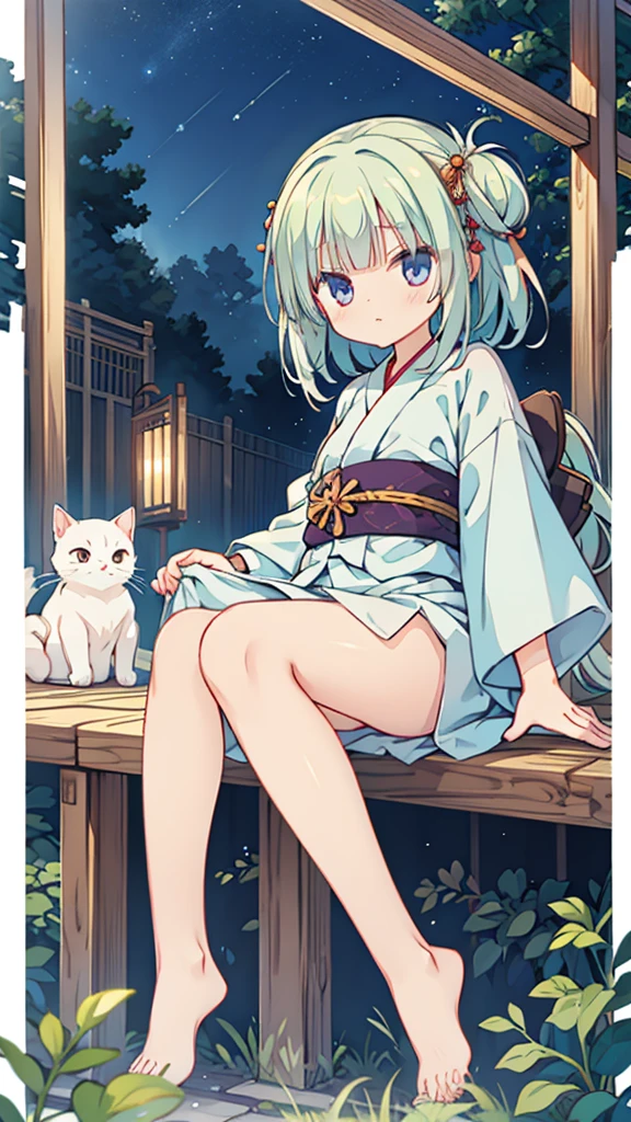 Night Sky、ruins、Sitting、Larger background、yukata、pussy、パンティが無い