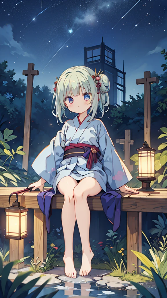 Night Sky、ruins、Sitting、Larger background、yukata、pussy、パンティが無い