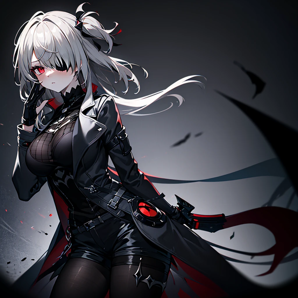 1girl, ashen_blond_hair, long_hair, bangs, eyepatch, red_eyes, two_side_up, hair_over_one_eye, blush, giant_breasts, Black_trench_coat, gauntlets, Black_pantyhose, grey_shorts, pale skin,