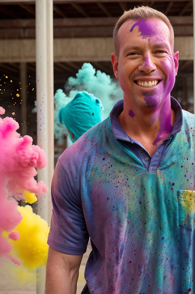 man (Todder9), wearing hoody, looking at viewer, holi color festival, portrait, hyper detailed POV, by lee jeffries, nikon d850, film stock photograph ,4 kodak portra 400 ,camera f1.6 lens ,hyper realistic ,lifelike texture, dramatic lighting , cinestill 800