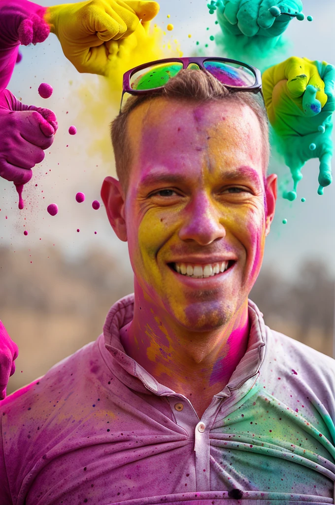 man (Todder9), wearing hoody, looking at viewer, holi color festival, portrait, hyper detailed POV, by lee jeffries, nikon d850, film stock photograph ,4 kodak portra 400 ,camera f1.6 lens ,hyper realistic ,lifelike texture, dramatic lighting , cinestill 800