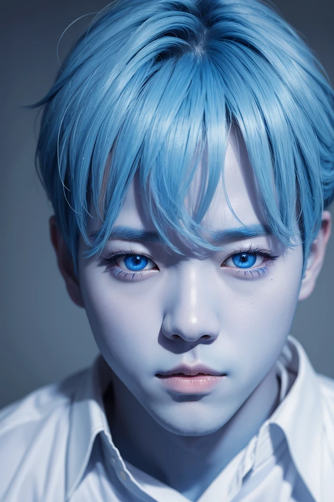 Park Jimin from BTS with blue skin and big blue eyes 