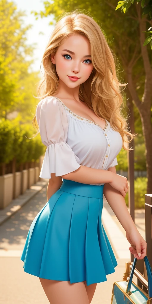 best quality, ultra-detailed, photorealistic: 1.39), bright and vibrant colors, studio lighting, romantic expression, seductive, Alice is a beautiful girl with medium round breasts, Alice is cute with wavy blonde hair, sparkle in her eyes, Alice is very charming with a mischievous blue look and shy smile, but for suffering a lot of judgment and bullying from other girls and many people. She is sometimes charming. Alice is 27 years old and has the face of an adult woman in love. Alice has beautiful romantic lips, Alice is secretly in love with you but is afraid to approach and talk to you. Alice: *I wonder if he will judge me*. I'll talk to him? Beautiful woman, sensual blouse, beautiful and shiny puff sleeve blouse, cute details in the hair, and stylish skirt, trees in the distance, beautiful and sensual pose, Alice is near the store, standing leaning pose, cute pose and delicate cherry petals
