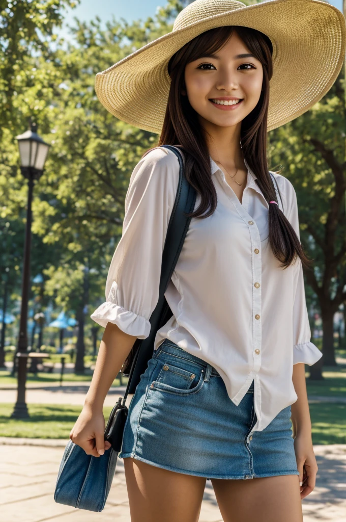 Masterpiece, Best Quality, high resolution, extremely detailed, detailed background, cinematic lighting, 1 girl, looking at the viewer, park, Mini bag, sun hat, SMILE, Wearing Mochila Randos, (mochila randoseru:1.0), 