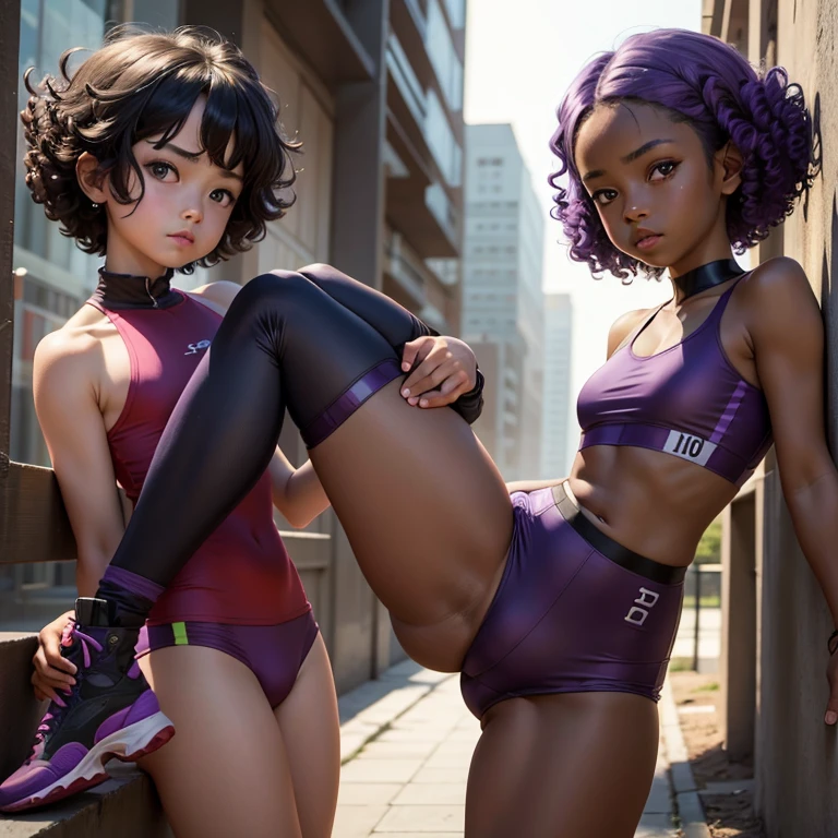 (masterpiece), (best quality), (high res) Solo, (perfect anatomy), (young girl (()), ((((dark skin)))), (((curly purple hair))), (((shoulder length)))), ((red eyes)), round eyeglasses, ((skin tight training outfit), (red skin tight high heels boots), (skin tight mini shorts), (super skin tight shorts), angry, ((((flat chest)))), in a futuristic setting with a red light, cyberpunk, best anime 4k, jogging in a park