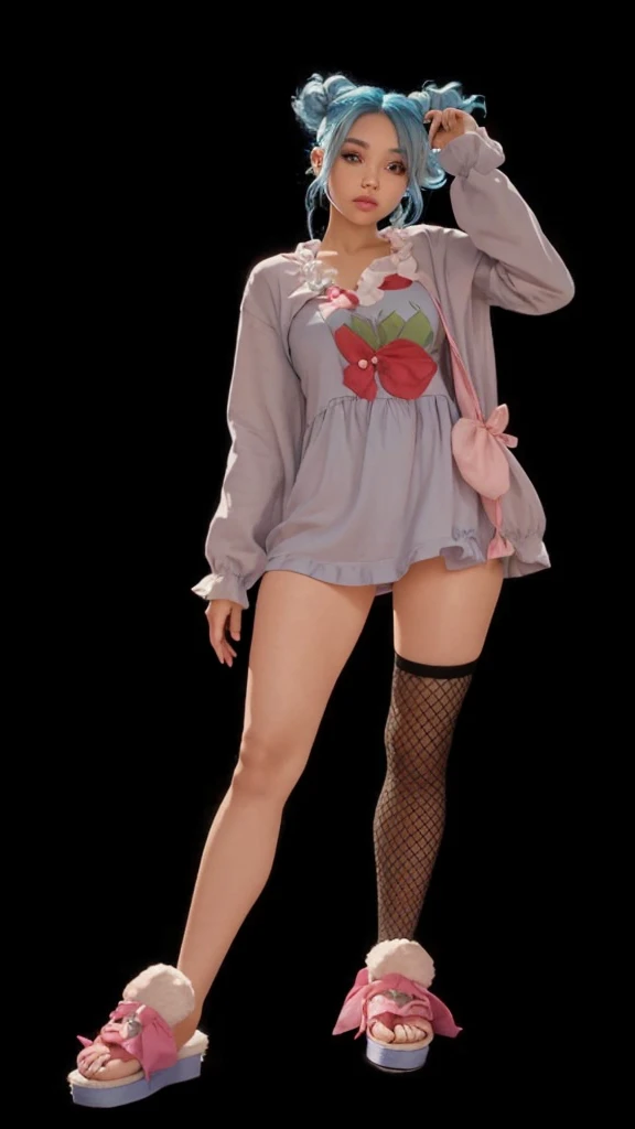 A full body girl, with light skin, beautiful cute, with blue hair, with a cute dress and slippers on her feet.