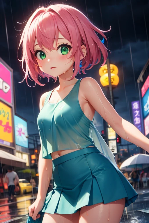 creates a 21-year-old anime girl in the rain with a wet white tank top with a short blue skirt pink hair and green eyes in an anime cityscape