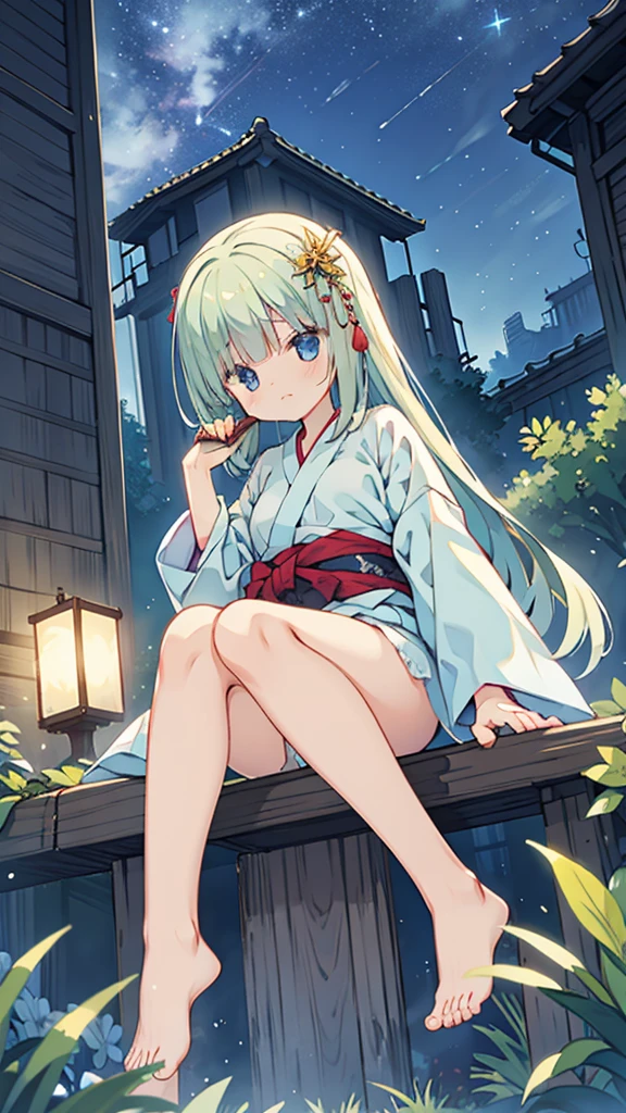 Night Sky、ruins、Sitting、Larger background、yukata、no panties、pussy、マンコが見える、