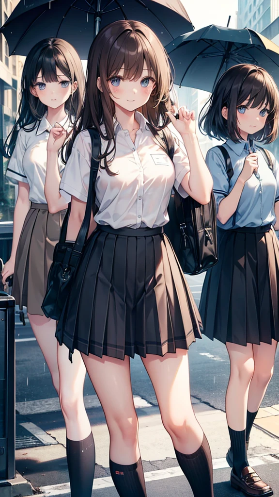 heavy rain, soaked, umbrella, long hair, looking at viewer, smile, bangs, blue eyes, multiple girls, skirt, brown hair, shirt, black hair, short sleeves, brown eyes, long hair, standing, white polo shirt, pleated skirt, open clothes, shoes, socks, striped, collared shirt, hand up, (3girls:1.3), bag, kneehighs, plaid skirt, brown footwear, flying sweatdrops, loafers, grey skirt, school bag, diagonal stripes, (ride on bicycle :1.3)