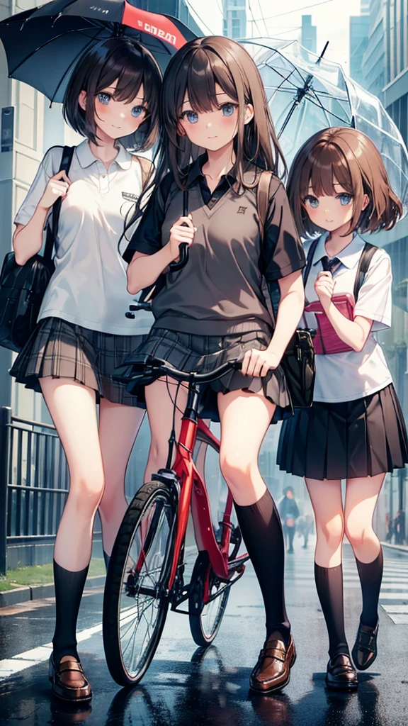 heavy rain, soaked, umbrella, long hair, looking at viewer, smile, bangs, blue eyes, multiple girls, skirt, brown hair, shirt, black hair, short sleeves, brown eyes, long hair, standing, white polo shirt, pleated skirt, open clothes, shoes, socks, striped, collared shirt, hand up, (3girls:1.3), bag, kneehighs, plaid skirt, brown footwear, flying sweatdrops, loafers, grey skirt, school bag, diagonal stripes, (ride on bicycle :1.3)