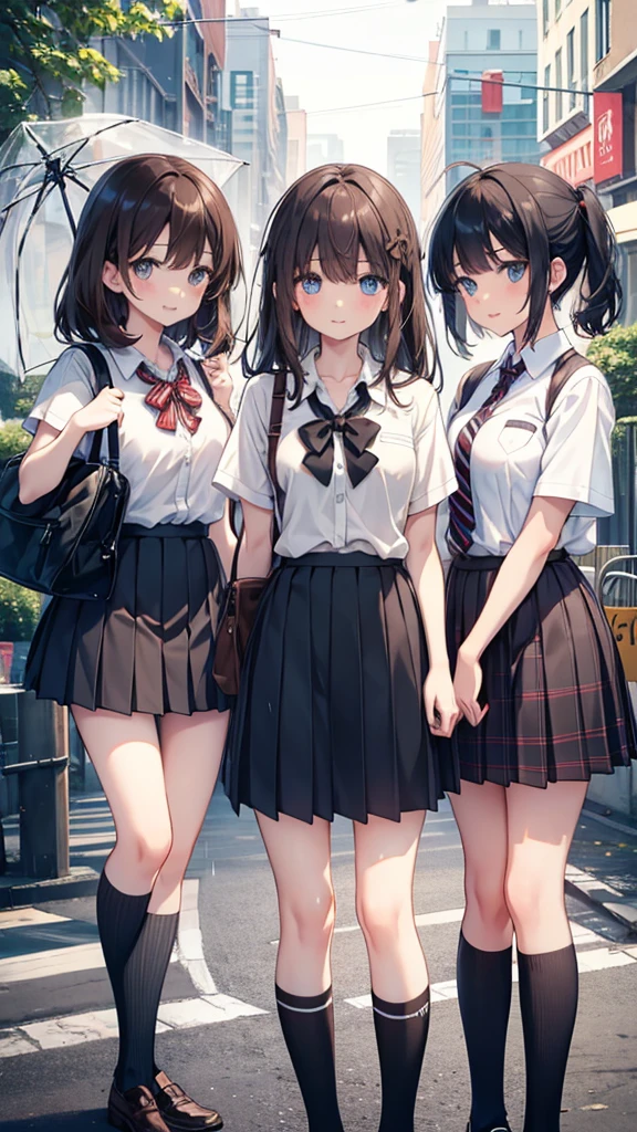 heavy rain, soaked, umbrella, long hair, looking at viewer, smile, bangs, blue eyes, multiple girls, skirt, brown hair, shirt, black hair, short sleeves, brown eyes, long hair, standing, white polo shirt, pleated skirt, open clothes, shoes, socks, striped, collared shirt, hand up, (3girls:1.3), bag, kneehighs, plaid skirt, brown footwear, flying sweatdrops, loafers, grey skirt, school bag, diagonal stripes, (ride on bicycle :1.3)