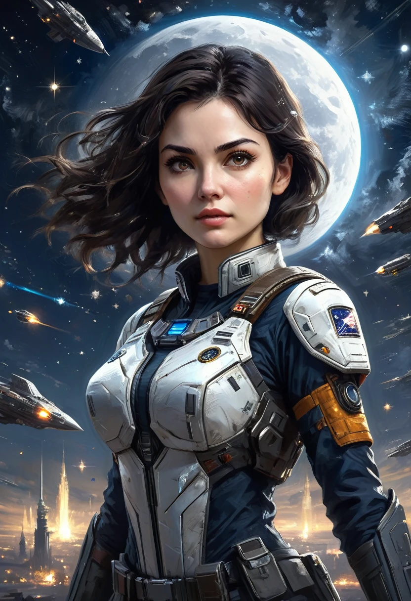 ((masterpiece, best quality)), (1woman), (solo), (female focus),(very detailed face, real image, realistic white skin, realistic body, intricate details), upper body, serious , brown eyes, looking at the viewer, black hair, medium breasts, starry night, moon, spaceships flying and shooting lasers, Background is full of the night sky battle