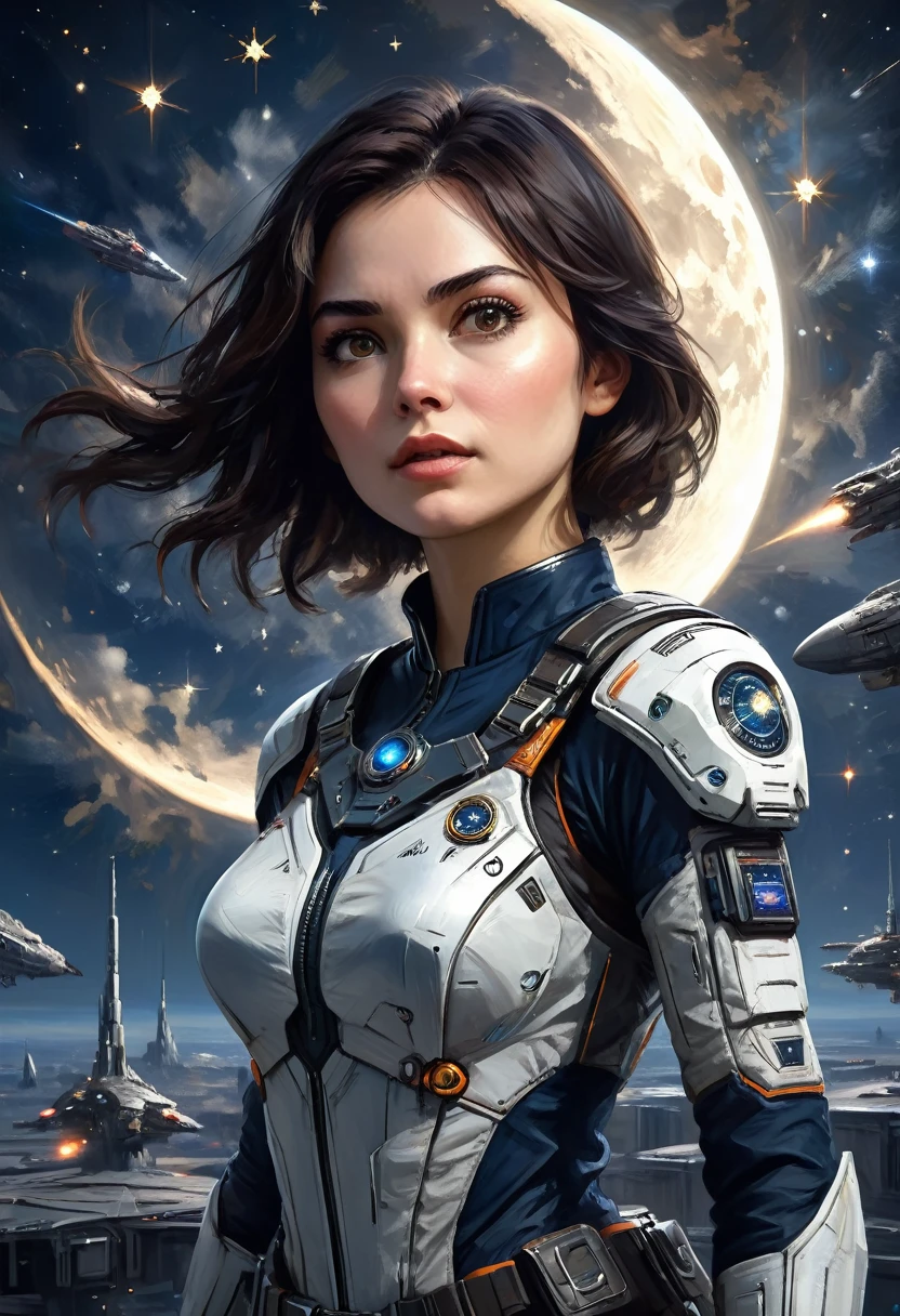 ((masterpiece, best quality)), (1woman), (solo), (female focus),(very detailed face, real image, realistic white skin, realistic body, intricate details), upper body, serious , brown eyes, looking at the viewer, black hair, medium breasts, starry night, moon, spaceships flying and shooting lasers, Background is full of the night sky battle