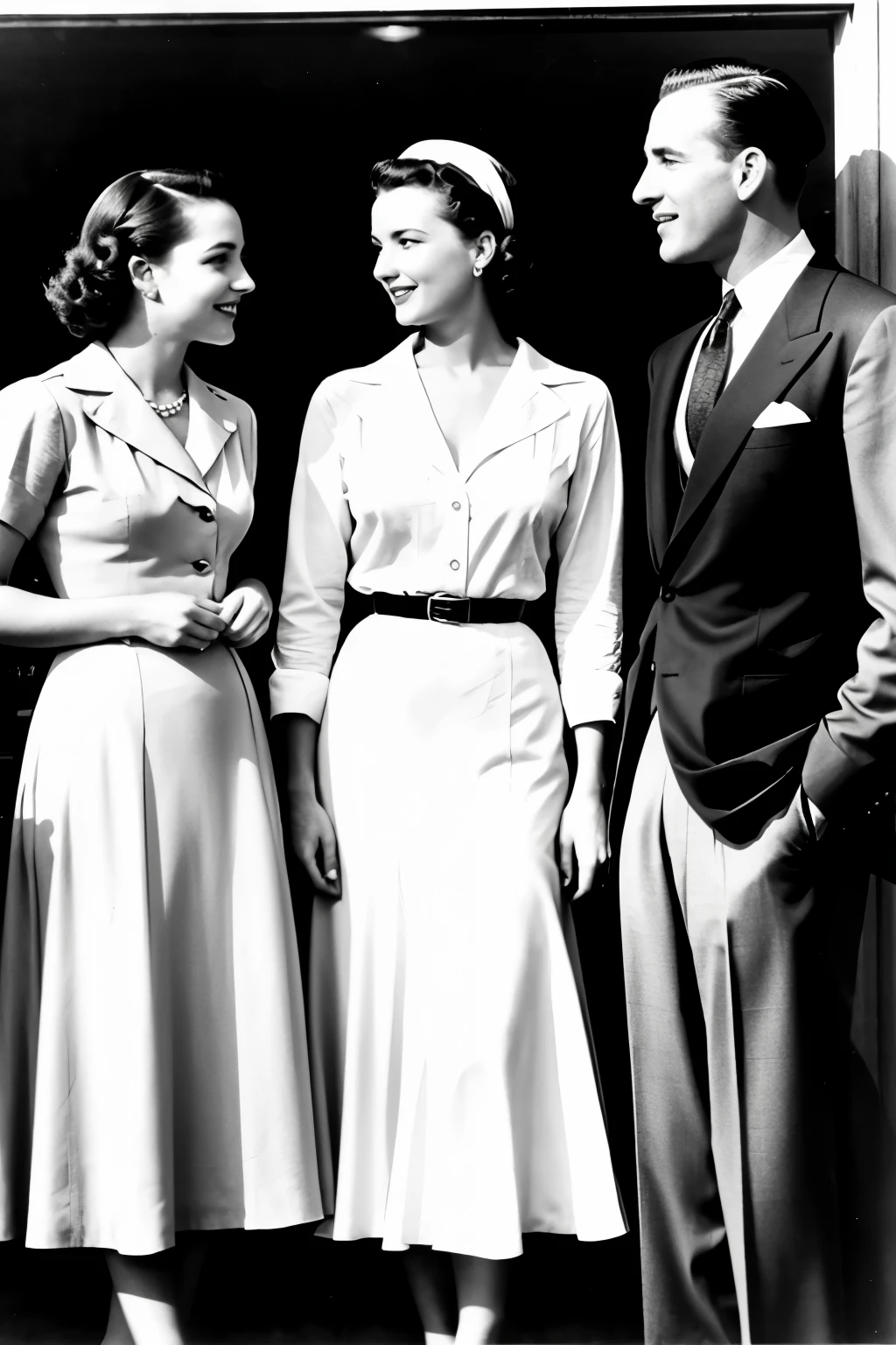 Three women watch an elegant man in 1950s America