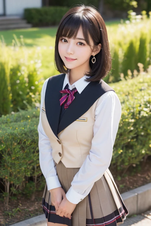 girl, White skin, Dark brown short tiered hair, V cut with layers and bangs, Brown eyes, Soft atmosphere characteristics (Highest quality, Ultra-high resolution, 8K, RAW Photos, Ultra-high resolution: 1.2, masterpiece: 1.3), (Realistic, Realistic: 1.37), Very detailed, Professional Lighting, Photon Mapping, Radio City, Physically Based Rendering, Japanese, One Girl, alone, high school girl,Black Hair, Sharp focus:1.2、Beautiful woman:1.4,cute, Nice, Adorable, A light smile, Normal chest, high school girl,garden,Earrings,grass,((Japanese high school girls uniform))