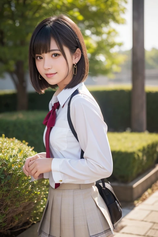 girl, White skin, Dark brown short tiered hair, V cut with layers and bangs, Brown eyes, Soft atmosphere characteristics (Highest quality, Ultra-high resolution, 8K, RAW Photos, Ultra-high resolution: 1.2, masterpiece: 1.3), (Realistic, Realistic: 1.37), Very detailed, Professional Lighting, Photon Mapping, Radio City, Physically Based Rendering, Japanese, One Girl, alone, high school girl,Black Hair, Sharp focus:1.2、Beautiful woman:1.4,cute, Nice, Adorable, A light smile, Normal chest, high school girl,garden,Earrings,grass,((Japanese high school girls uniform))