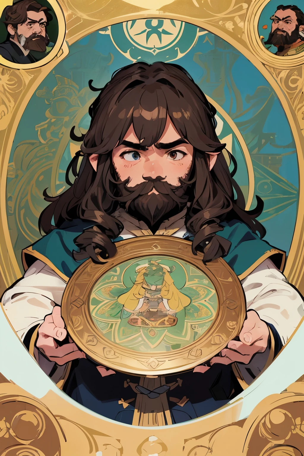 Portrait RPG, Bronze Frame, close, Race: Dwarf, gender: male, Year: 30Year, eye: Dark brown; Skin color: White skin, hair: Curly Brown, Physical build: Fat complexion, Facial Features: Leafy beard, Performance: Bright expression, Device: Dwarf King clothing, background: Simple portrait with frame, Alphonse Mucha (masterpiece, Highest quality, expensive: 1.4), detailed, Intricate details, 4K, Splashes of color, Line art, Fibonacci