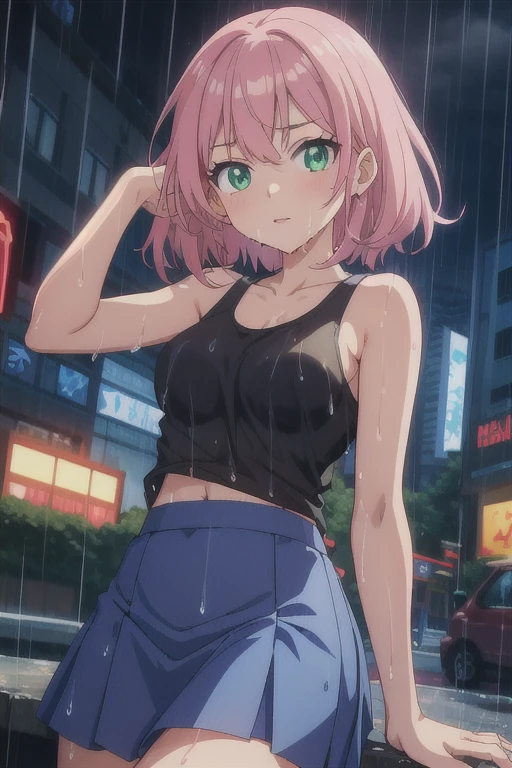 creates a 21-year-old anime girl in the rain with a wet white tank top with a short blue skirt pink hair and green eyes in an anime cityscape