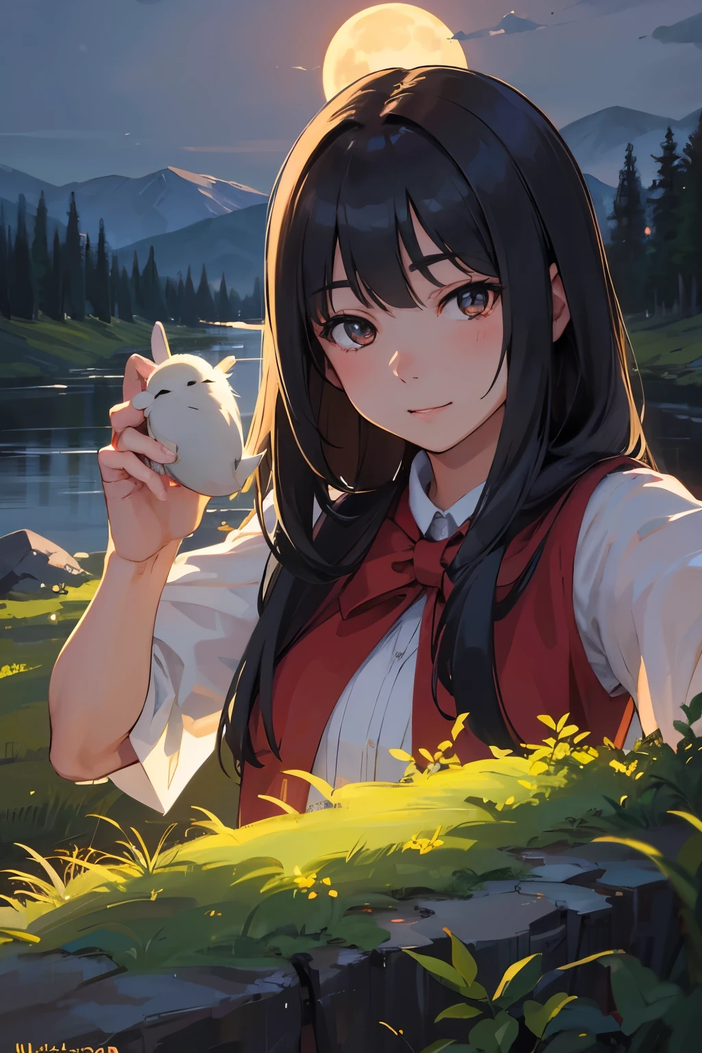 A beautiful young Asian woman with a hummingbird kissing her on the cheek ((Upper Body selfie, Happy)), masterpiece, Highest quality, Super detailed, ground, Outdoor, (night), Mountain々, nature, (performer, moon) Hilarious, Happy, forest, stone, river, wood, cigarette, Shadow, Contrast, sunny, style, (Warm Tones, Warm Tones): 1.2), close, Cinematic Light, Side lighting, Ultra-high resolution, 最高のShadow, born, Upper Body, realistic style
