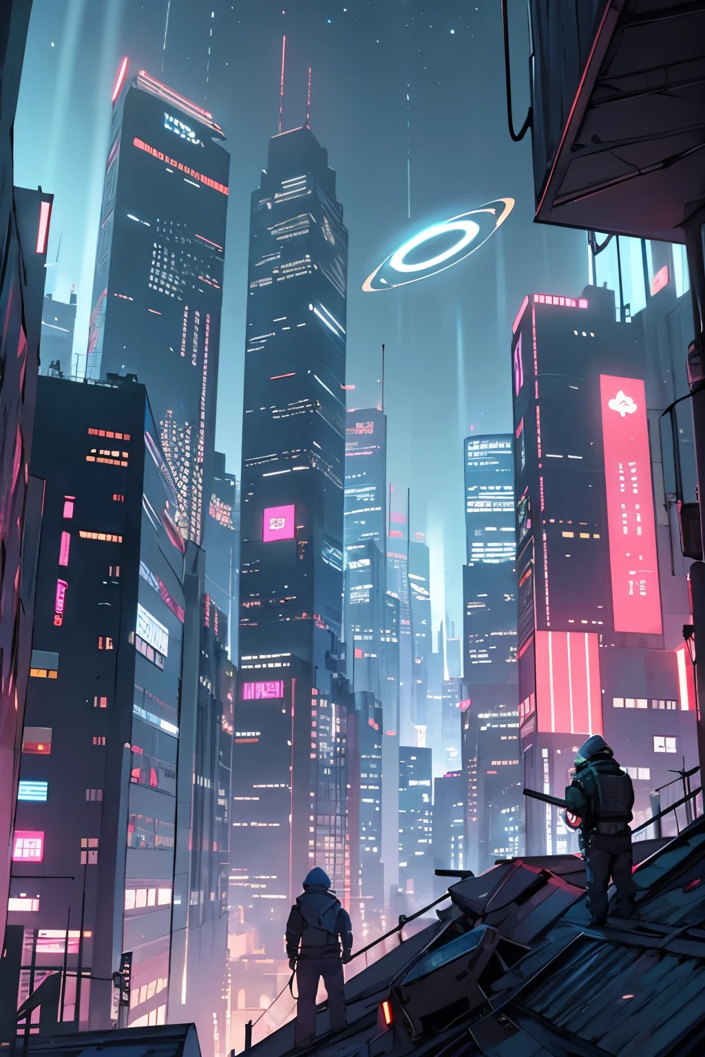 roof of skyscrapers in a cyberpunk city in a futuristic style, starry sky, Saturn's rings,