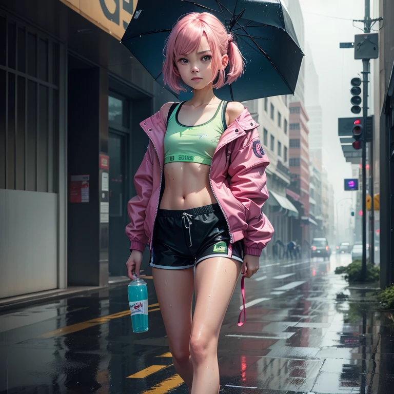 (masterpiece), (best quality), (high res) Solo, (perfect anatomy), (young girl (10 years old), fair skin, pink hair (shoulder length), green eyes, (blue high sport shoes), (jacket), (shorts), tired, (((flat chest))), in a futuristic setting with a green light, annoyed, cyberpunk, (drinking water), best anime 4k, cybersuits, walking down the street, (during a storm), (wet), (rain)