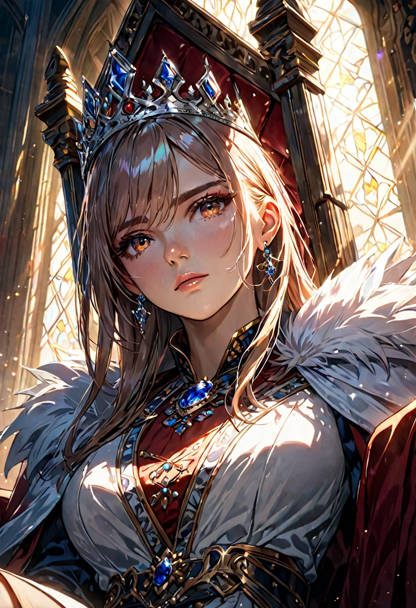 A Queen sitting on the throne, European, detailed face, dramatic lighting, cinematic angle, photorealistic, 8k, high resolution, hyper detailed, masterpiece,refiner: woman face,light beams