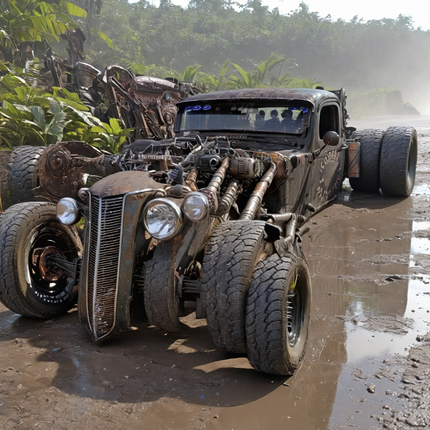 rat_rod, at lonley highway on an alien planet, rainforrest, hyper detailed, waterfall,, superman  mud  OFFROAD  car cartoon