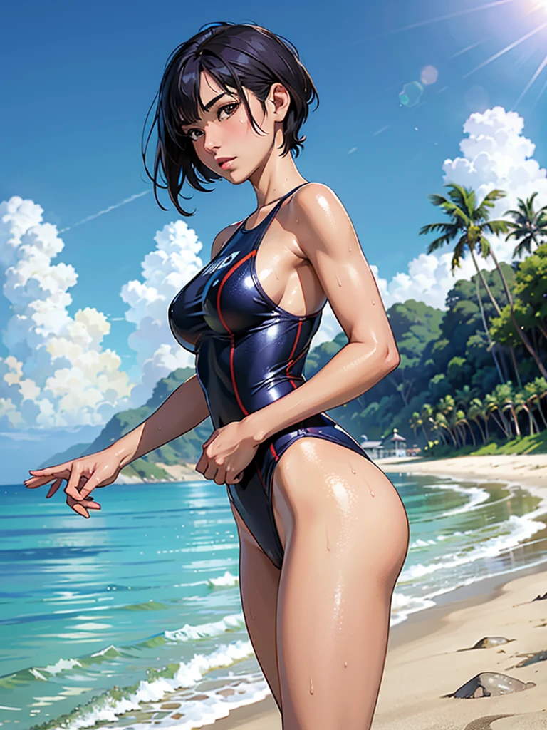 ((highest quality, masterpiece, High resolution)), ((reality)),Photos of beautiful Japanese women,((anime art))、 (((1 girl))), normal size breasts, slim body shape, medium short hair, double eyelid, Wet see-through one-piece swimsuit,, A pareo with bold ethnic patterns and plenty of primary colors、realistic skin、Wet,whole body,cinematic light、tropical、Against the background of palm trees on both sides、on a sunny beach、With the sea in the background、blur background、