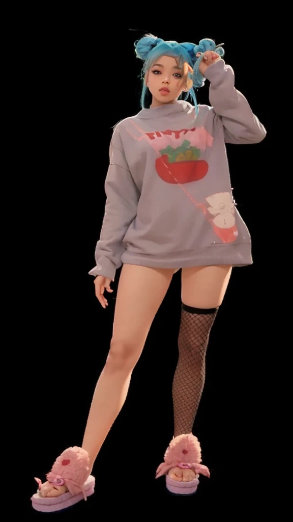 A full body girl, with light skin, beautiful cute, with blue hair, with a cute dress and slippers on her feet.