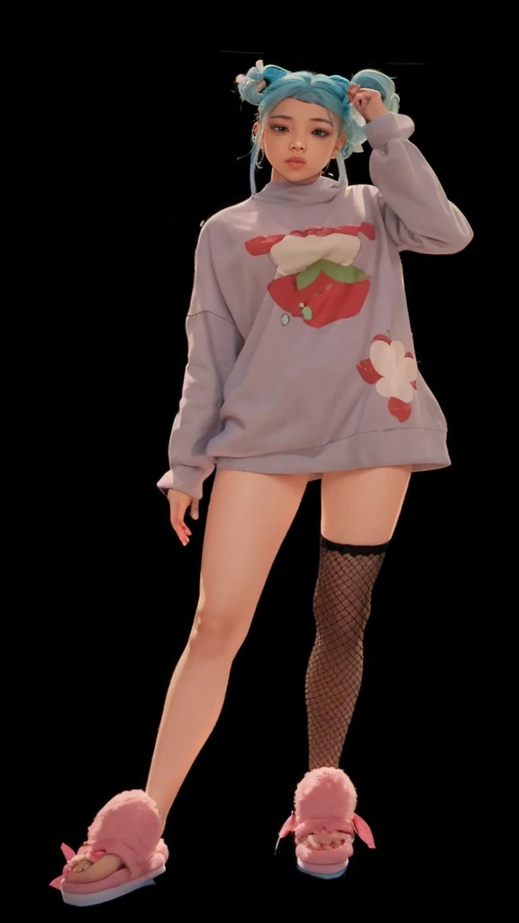 A full body girl, with light skin, beautiful cute, with blue hair, with a cute dress and slippers on her feet.
