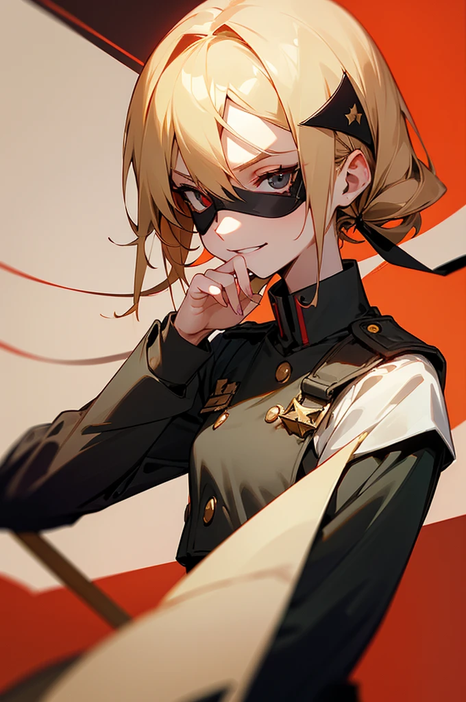 (​masterpiece,top-quality:1.1), 1girl solo, 1girl em, solo, , flat-chested, militar, Black military uniform, a blond, Black eye patch for the right eye, evil smile, evil look, going, neutral lighting,red moon, Tension scene, arrest bystander
