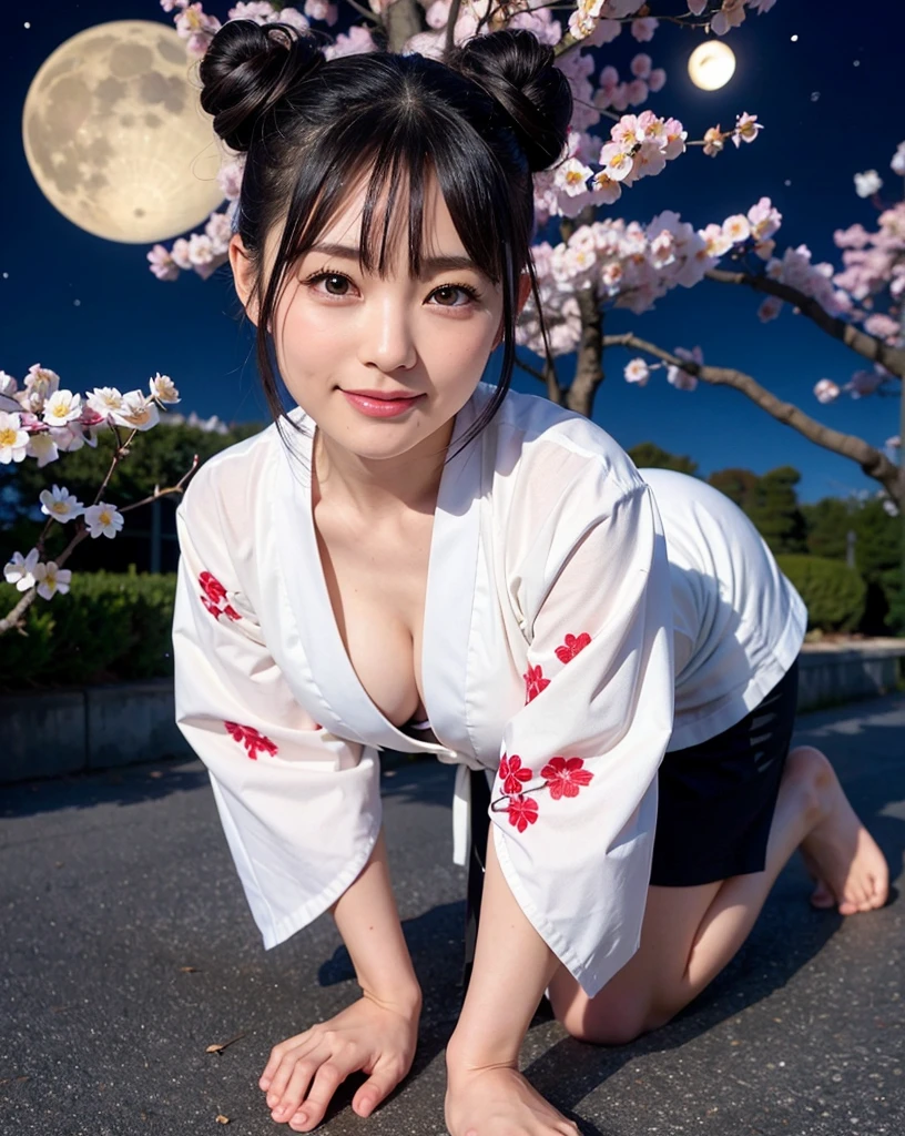 goddess,Oiran,Late Night,Moonlit Night,Starry Sky,moonlight,Flower Field,Cherry blossom trees,No buildings,Black Hair,Baby Face、sexy,sexy,Functional,Slender,Open chest,Golden band cord,Kirin Embroidery,Pure white kimono,barefoot,Cute smile,Looking up,Realistic details,Highest quality,Ultra-high resolution,Face Focus(Depth of written boundary)、Japanese,One person,Red eyes,Natural Face,(Bun Hair),On all fours