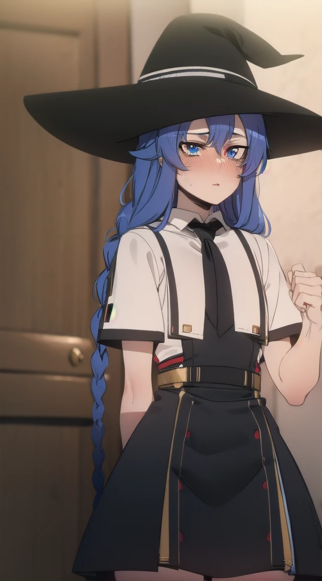 1girl,
BREAK ((twin braids, long hair, blue hair, blue eyes
white dress, neck ribbon, black ribbon, black skirt, witch hat, black hat:1))
BREAK ((flat chest,idol dress,flustered,blushing,red:1.5))
BREAK indoors,
BREAK looking at viewer, 
BREAK (masterpiece:1.2), best quality, high resolution, unity 8k wallpaper, (illustration:0.8), (beautiful detailed eyes:1.6), extremely detailed face, perfect lighting, extremely detailed CG, (perfect hands, perfect anatomy),