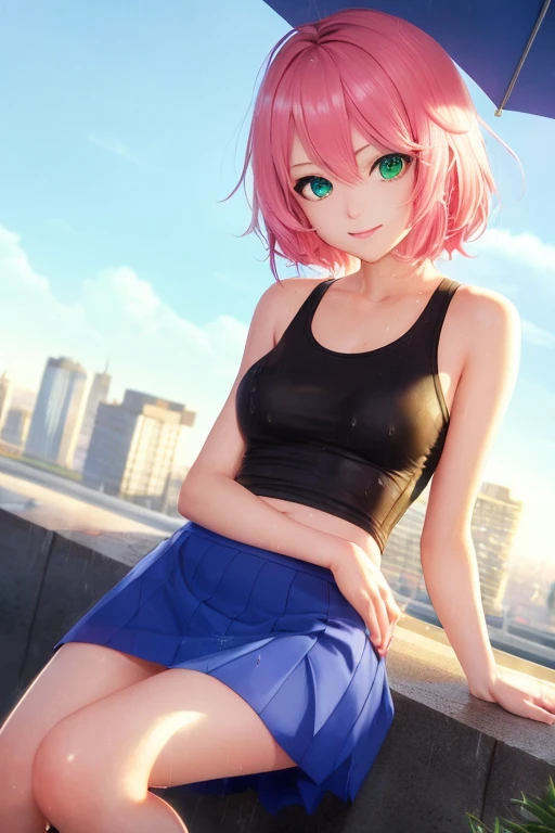 (1 girl),(manga style),(Best Picture Quality, 8K, Masterpiece:1.3), (high school student:1.5), ((pink lob hair:1.1)), (bob cut),(swept bangs), (cute eyes, pupil black, iris skyblue, youthful face), (mole under right eye), (standard weight), (small breasts),(big hip), (glistening skin:1.1),(pale skin:1.2),((camisole,pleated skirt)),(Smile),((fog skin:1.1)),(on one knee)