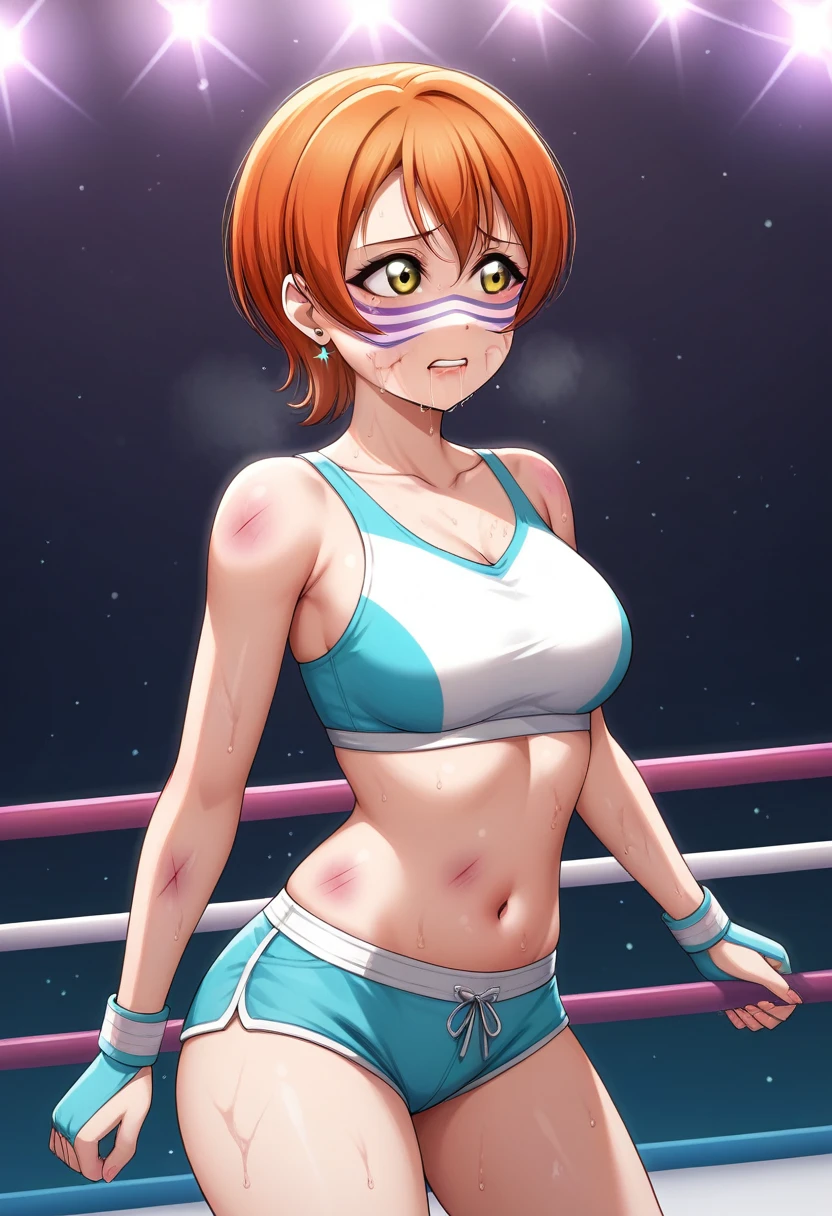 Masterpiece, sksrin, beautiful , facial details, 8k wallpaper, Rin Hoshizora Love Live, short hair, white gym bra, micro shorts , wrestling outfit,(lipstick:0.8), (face paint), defeated, beaten up, moist skin,thin waist ,short girl, skindentation , looking away, swelling bruises in face ,sad, drooling 