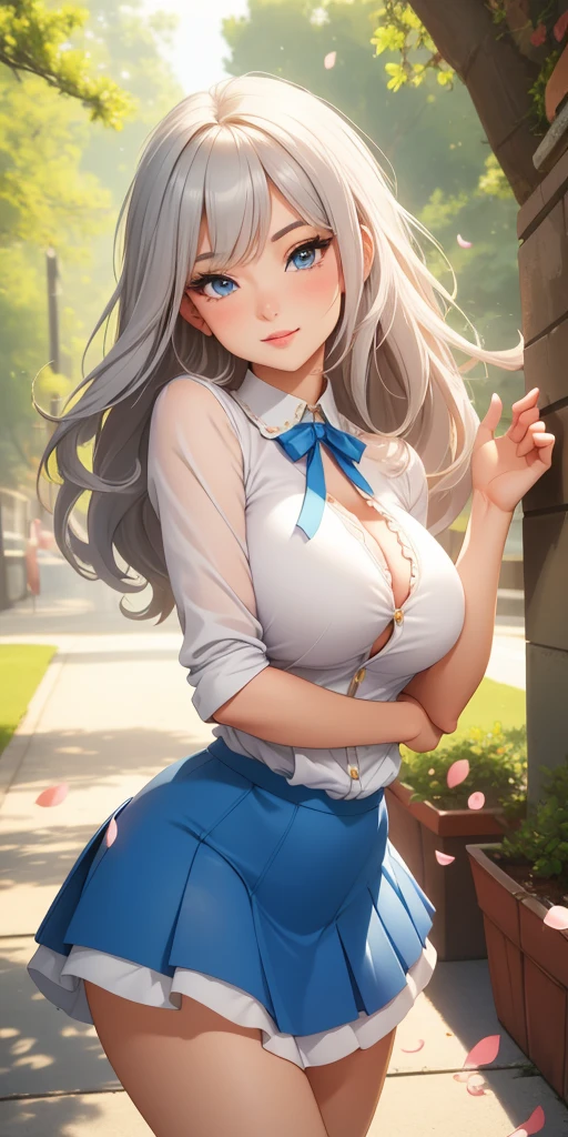 best quality, ultra-detailed, photorealistic: 1.39), bright and vibrant colors, studio lighting, romantic expression, seductive, Alice is a beautiful girl with medium round breasts, Alice is cute with wavy silver hair, sparkle in her eyes, Alice is very charming with a mischievous blue look and shy smile, but for suffering a lot of judgment and bullying from other girls and many people. She is sometimes charming. Alice is 27 years old and has the face of an adult woman in love. Alice has beautiful romantic lips, Alice is secretly in love with you but is afraid to approach and talk to you. Alice: *I wonder if he will judge me*. I'll talk to him? Beautiful woman, sensual blouse, beautiful and shiny puff sleeve blouse, cute details in the hair, and stylish skirt, trees in the distance, beautiful and sensual pose, Alice is near the store, standing leaning pose, cute pose and delicate cherry petals