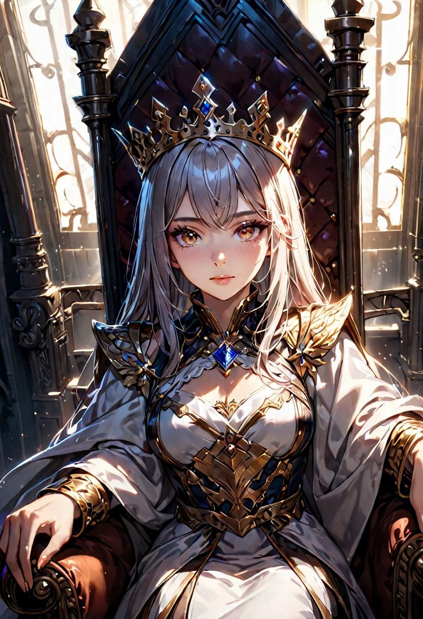 A Queen sitting on the throne, European, detailed face, dramatic lighting, cinematic angle, photorealistic, 8k, high resolution, hyper detailed, masterpiece,refiner: woman face,light beams