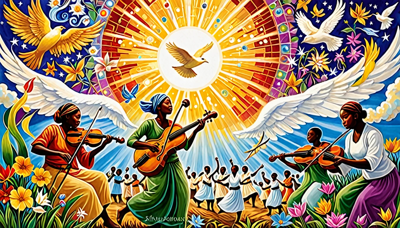 Create an image that captures the elements of resilience and hope in the face of war. Include symbolic images of unity, music as a healing force, and a vision of a peaceful future emerging from conflict. The image must convey the uplifting spirit of collective healing through music.